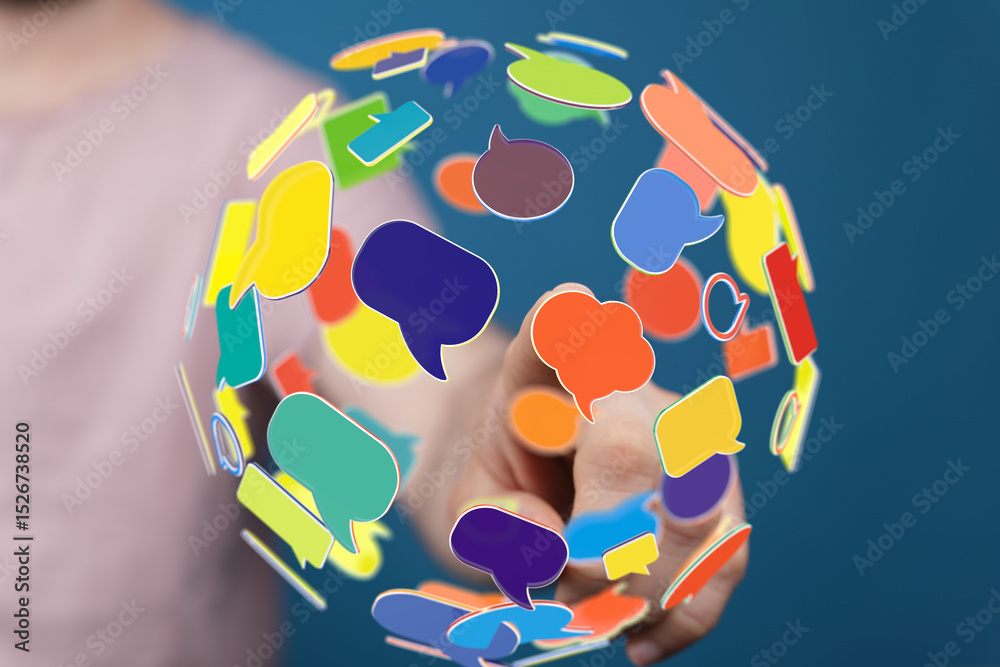 Aufkleber Abstract image of colorful speech bubbles forming a global network, representing communication and connection.