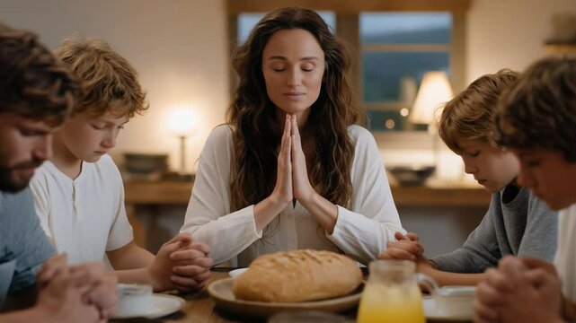 Heartwarming family prayer circle around the kitchen table after a meal, fostering unity and gratitude.