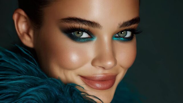 Charming woman with shimmering blue eye makeup smiling in glamorous closeup. 4K video