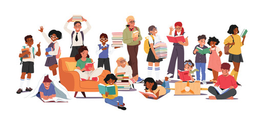 Crowd of bookworms cartoon children characters reading books, learning literature, enjoying hobby