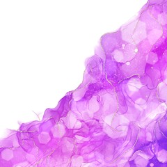六角形ボケライト白背景抽象バナー。紫のアルコールインクアートと金色グリッター
