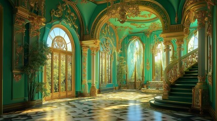 A grand hall with ornate gold accents and green walls. Luxurious interior design.