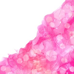 六角形ボケライト白背景抽象バナー。ピンクのアルコールインクアートと金色グリッター