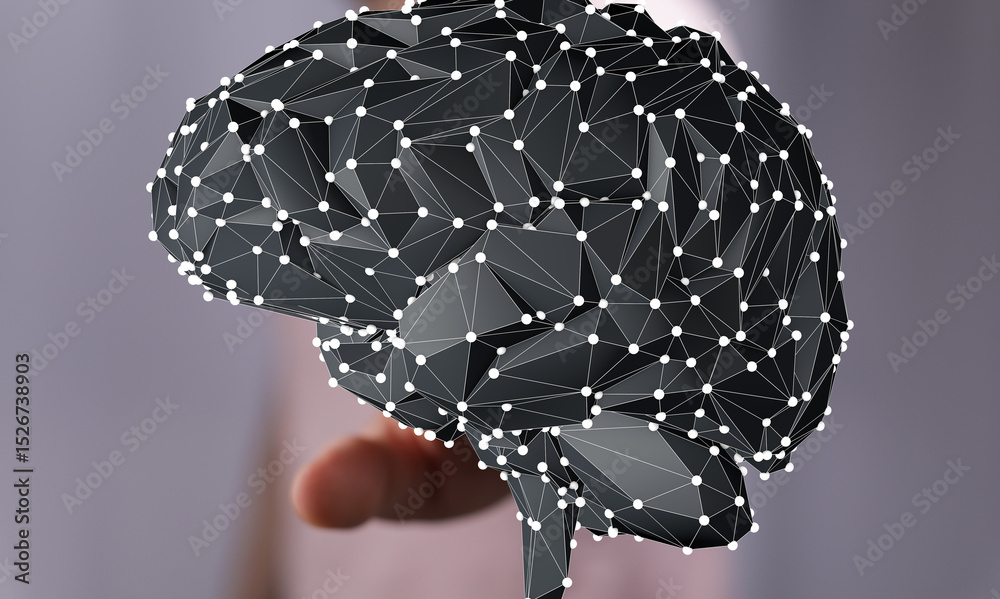 Poster 3D polygonal brain model.  Artificial intelligence, neural network, data science concept.