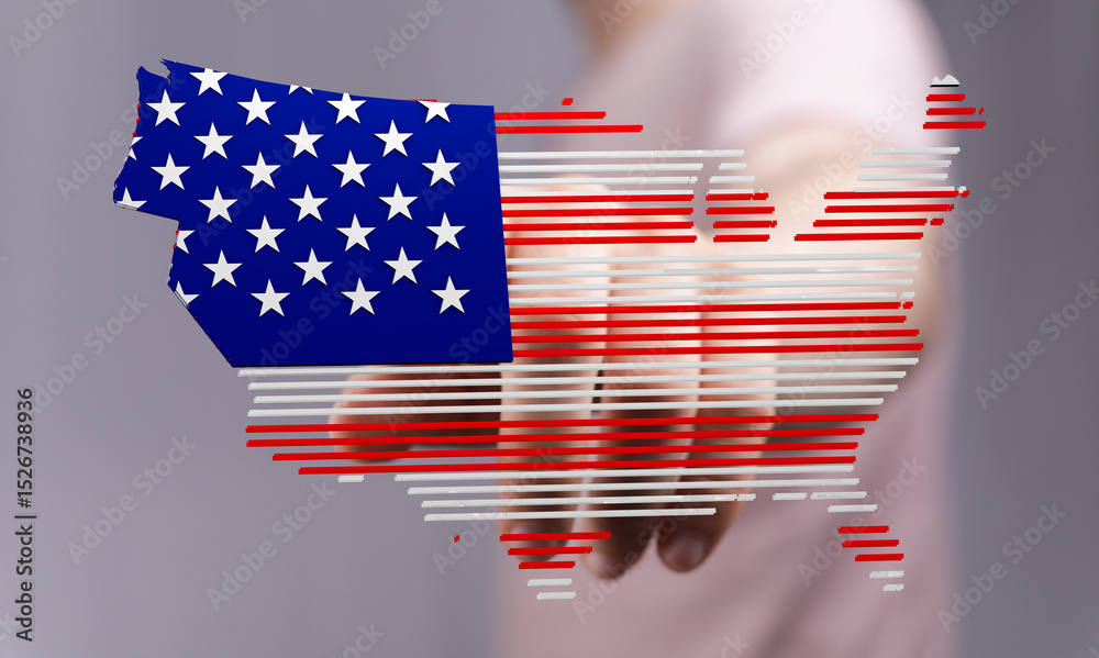 Poster Abstract image of a hand interacting with a digital map of the USA, designed with American flag colors.