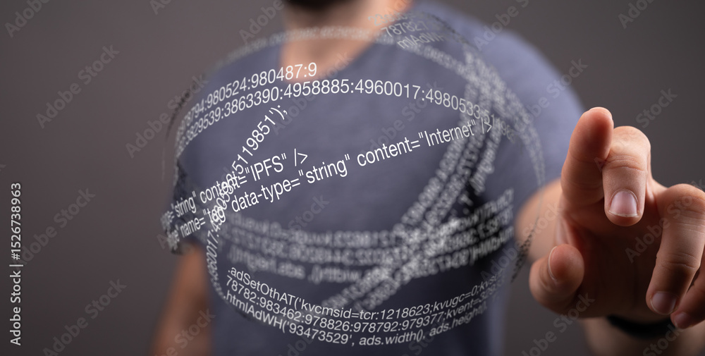 Poster Close-up of a person's hand interacting with a digital hologram displaying lines of code.
