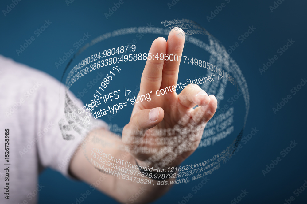 Aufkleber Person's hand interacts with a digital sphere showing data streams and code.
