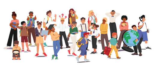 Plakat Crowd of smart kids international school students cartoon characters together isolated on white