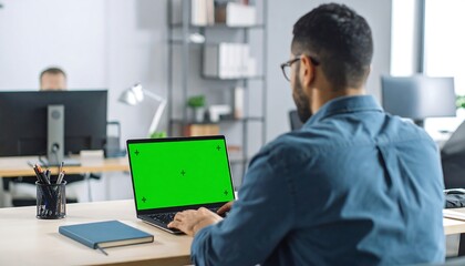 Man working laptop green screen office.