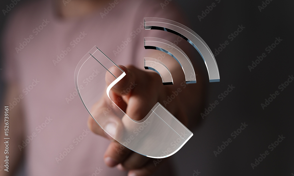Poster person touching a transparent phone icon with wifi signal. customer support concept.