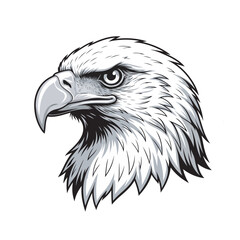 Detailed black and white eagle head vector with intricate feather textures and shading. Captures the intense expression of this powerful bird. Ideal for sophisticated logos, classic tattoos, or impact