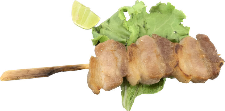 moo-ping, pork barbecue grilled stick with lime on isolated white background 