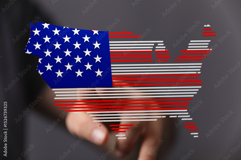 Poster abstract us map image, designed with american flag colors and stripes. perfect for patriotic themes.
