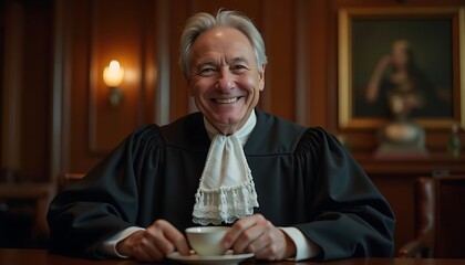 Smiling Judge with Coffee Cup in Chambers Portrait for Legal Profession