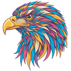 Vibrant, colorful eagle head vector illustration bursting with bright hues. Dynamic and artistic design perfect for eye-catching logos, bold apparel, or playful graphic projects that demand attention.