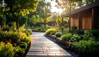 Obraz premium Sunlit Garden Path with Modern Design.
