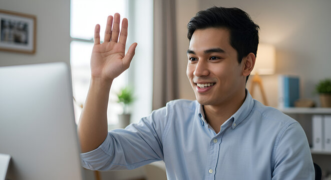 Man waving at computer screen