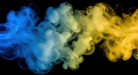 Colorful swirling smoke in blue and yellow hues against a black background, creating a dynamic atmosphere