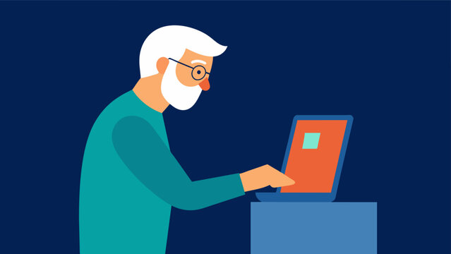 An old man with limited vision struggling to find the right settings to enlarge the font and adjust the screen brightness to a comfortable level.. Vector illustration