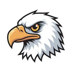 Fototapeta premium Bold, stylized vector illustration of a bald eagle head in profile, featuring crisp white feathers, orange beak, and an intense golden eye. Strong, clean lines perfect for a mascot or emblem.