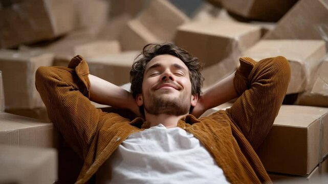 Relaxed Young Man Enjoys Moment Among Cardboard Boxes in Warehouse Space, Embracing Calm Amidst Packaging Chaos