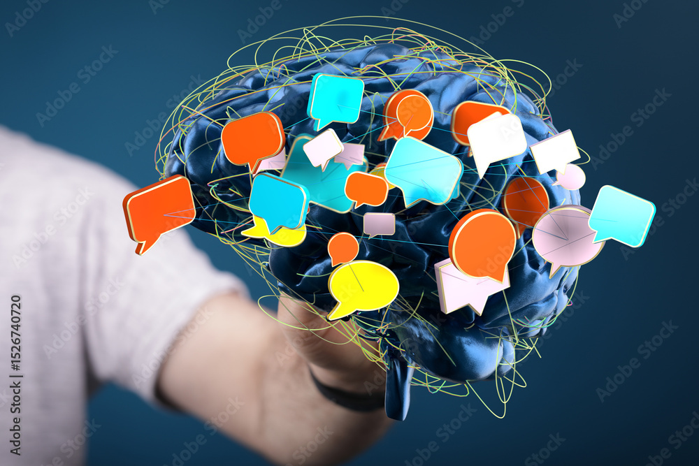 Poster abstract image of a brain with colorful speech bubbles, symbolizing communication, ideas, and mental