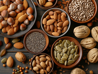 arranged flat lay showcasing a variety of nuts and seeds, emphasizing their natural textures and earthy tones. health and wellness marketing, or packaging for natural food products.