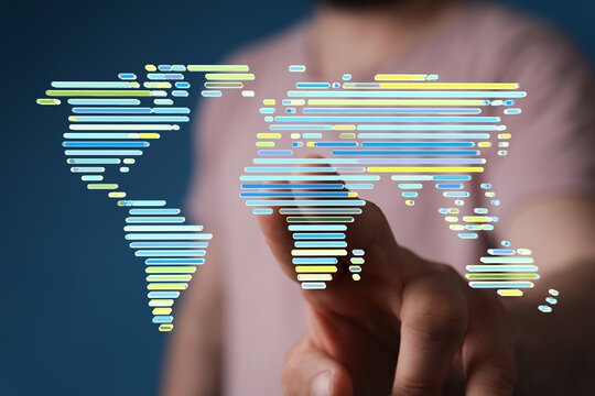 Abstract digital world map, global network, internet, connection, technology, data, futuristic. - Powered by Adobe