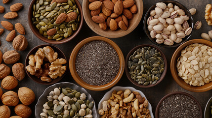 arranged flat lay showcasing a variety of nuts and seeds, emphasizing their natural textures and earthy tones. health and wellness marketing, or packaging for natural food products.