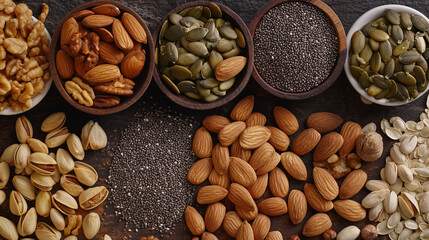 arranged flat lay showcasing a variety of nuts and seeds, emphasizing their natural textures and earthy tones. health and wellness marketing, or packaging for natural food products.