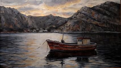"Solitary Boat at Dusk in a Mountain Bay – Oil Painting"