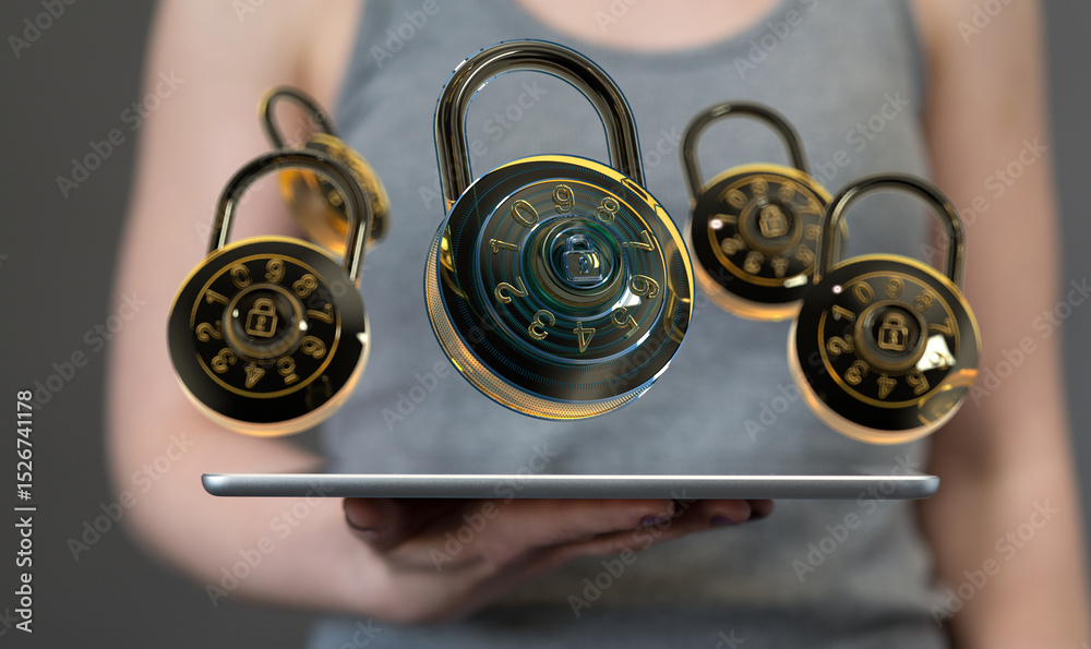 Poster Image of multiple combination locks hovering above a tablet, symbolizing data security and protection.