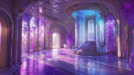 Grand ornate hall with flowing light and luxurious staircase. Magical castle or palace.
