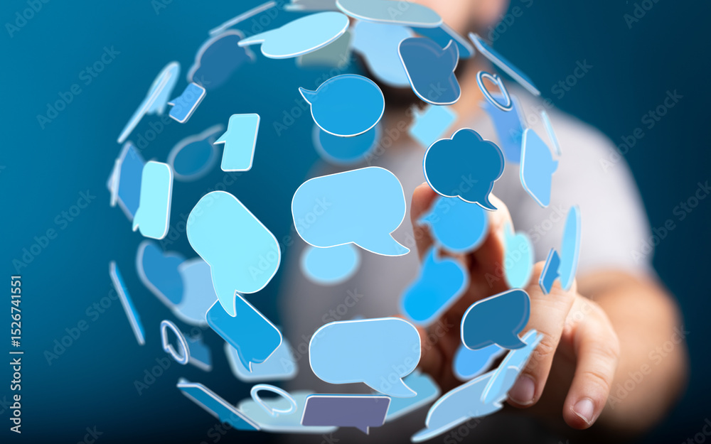 Aufkleber abstract image of a person interacting with a digital sphere of communication bubbles, representing 