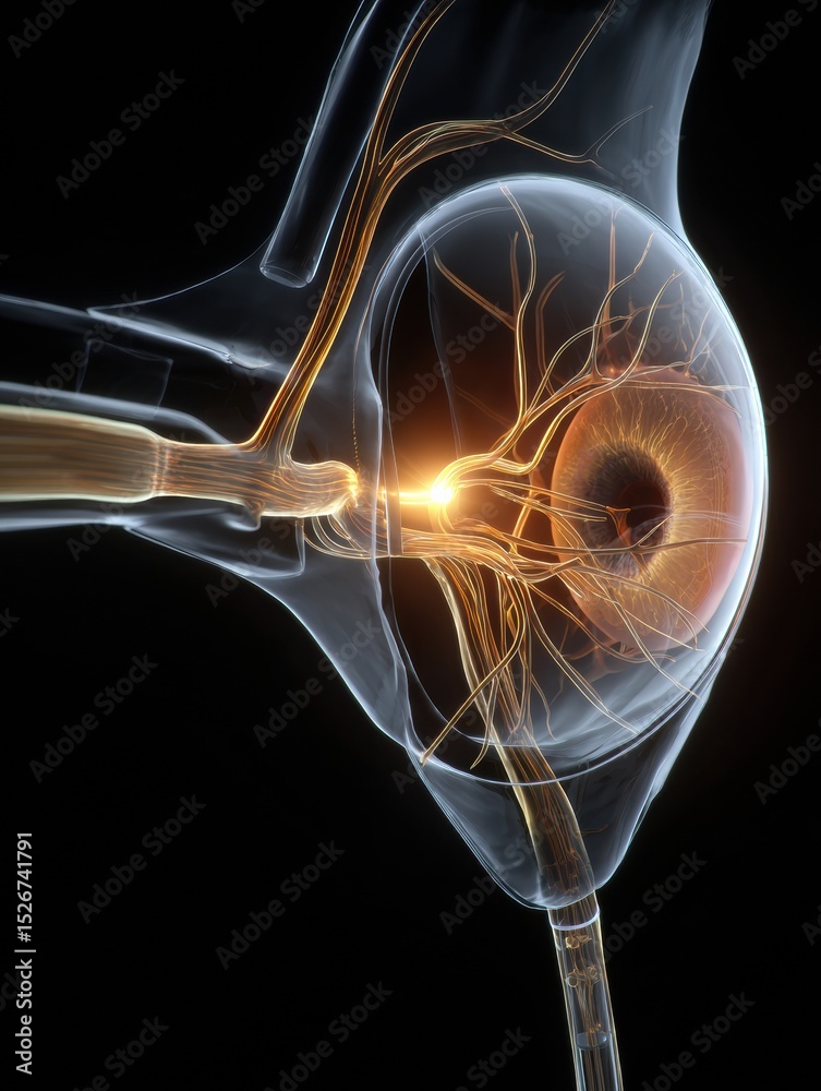 Poster detailed 3d rendering of optic nerve and eye anatomy showcasing a futuristic glow and clean upper ma