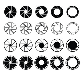 Set of Camera Lens Signs with Aperture Icons and Diaphragm Symbols