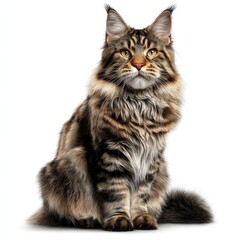 Majestic Maine Coon Cat Sitting Pretty Against White Background Studio Shot A beautiful image of a longhaired cat