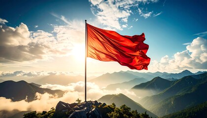 Red flag with mountaintop sunrise.