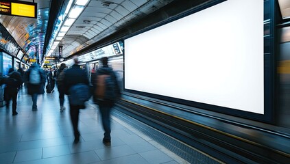 Subway station platform with blank billboard and commuters. Busy underground passageway, people hurrying, large white advertising board, modern urban setting, bustling transit hub