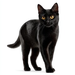 Majestic Black Cat with Striking Yellow Eyes Posing Elegantly on White Background