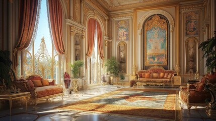 Large, ornate baroque room with golden decorations and grand windows.