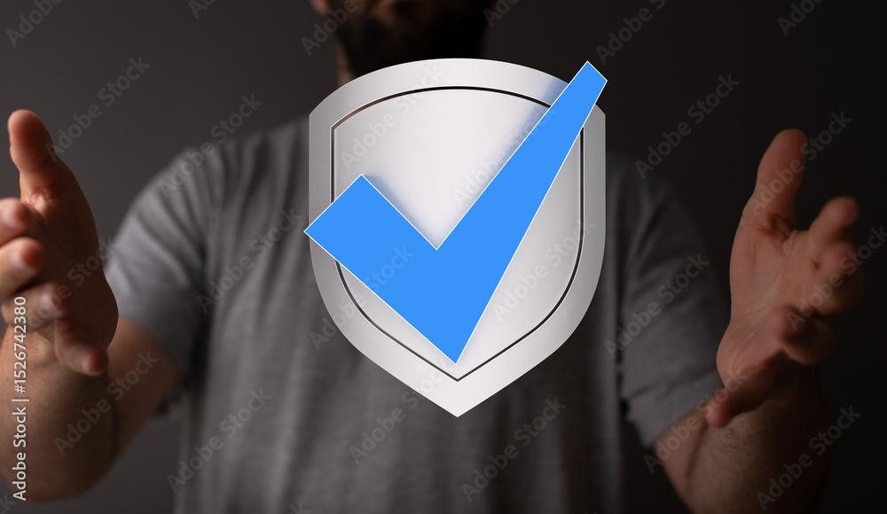 Poster High-quality image of a digital shield with a checkmark, symbolizing data security and protection.