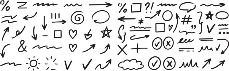 Vector swoosh doodles, hand drawn, arrows, speech bubble, heart, check mark, cross mark, square, circle, exclamation mark, star, curly, bracket, hashtag, geometric shapes, sketch. Black eps file.