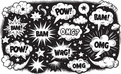 Comic boom cartoon effect line element set. Comic speech bubble pow, boom text, explosive splash smoke, wow cartoon vector icon. Hand drawn sketch doodle explosive element. EPS Vector illustration.