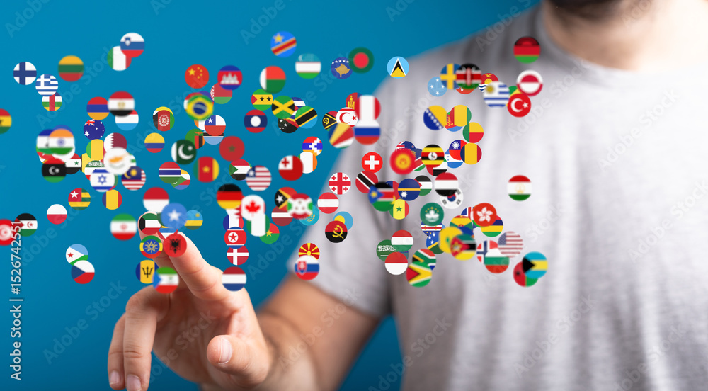 Aufkleber a man interacts with a digital display of world flags, representing global connection and communicat