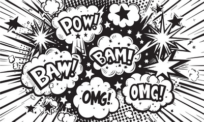 Comic boom cartoon effect line element set. Comic speech bubble pow, boom text, explosive splash smoke, wow cartoon vector icon. Hand drawn sketch doodle explosive element. EPS Vector illustration.