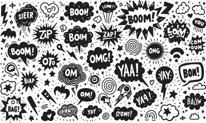 Comic boom cartoon effect line element set. Comic speech bubble pow, boom text, explosive splash smoke, wow cartoon vector icon. Hand drawn sketch doodle explosive element. EPS Vector illustration.