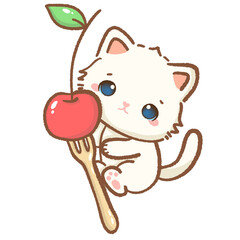 Cute white kitten holding a giant fork with a cherry on it, kawaii fruit cat clipart, sweet cartoon animal, cherry lover, adorable baby pet art, kids nursery design, pastel aesthetic, digital sticker
