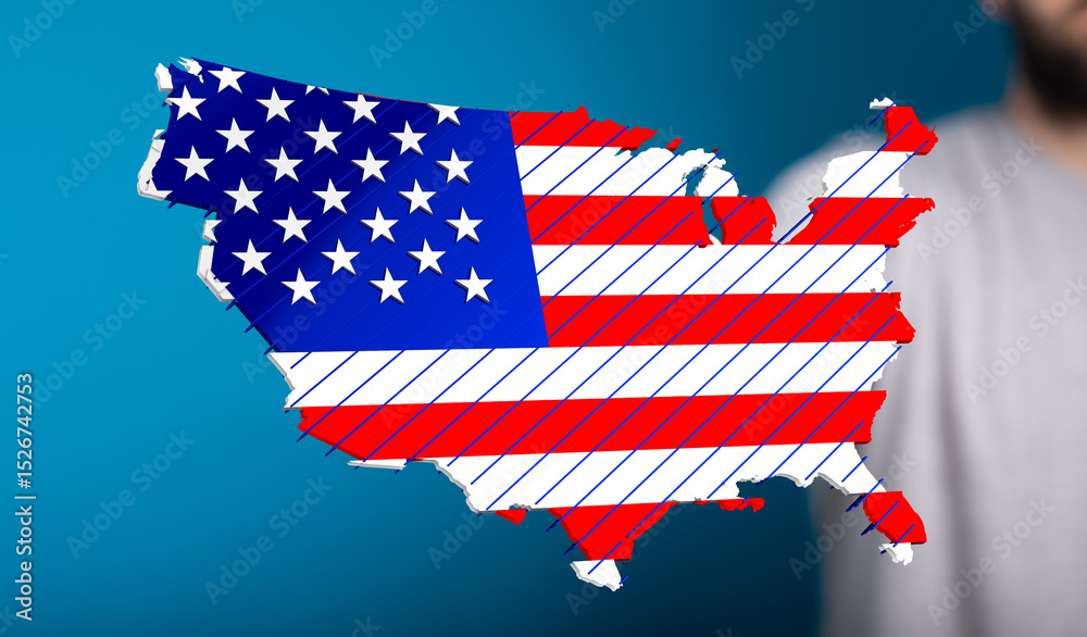 Poster 3D rendering of a US map designed with the American flag. Perfect for patriotic themes.