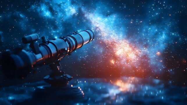 A detailed telescope gazing at the vibrant colors and stars of the vast galaxy.